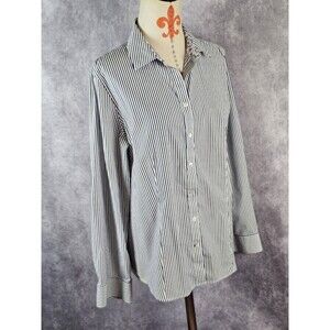 Talbots Women 16 Gray White Stripe Button Up Shirt Long Slv Wrinkle Resistant